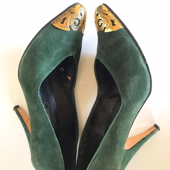 VINTAGE GREEN SUEDE HEELS - Picture 1 of 9